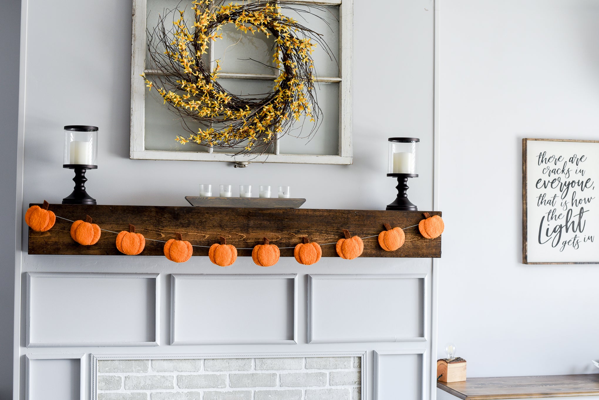 Fall Home decor, pumpkin garland on mantle, Nivas Collection, thanksgiving decoration