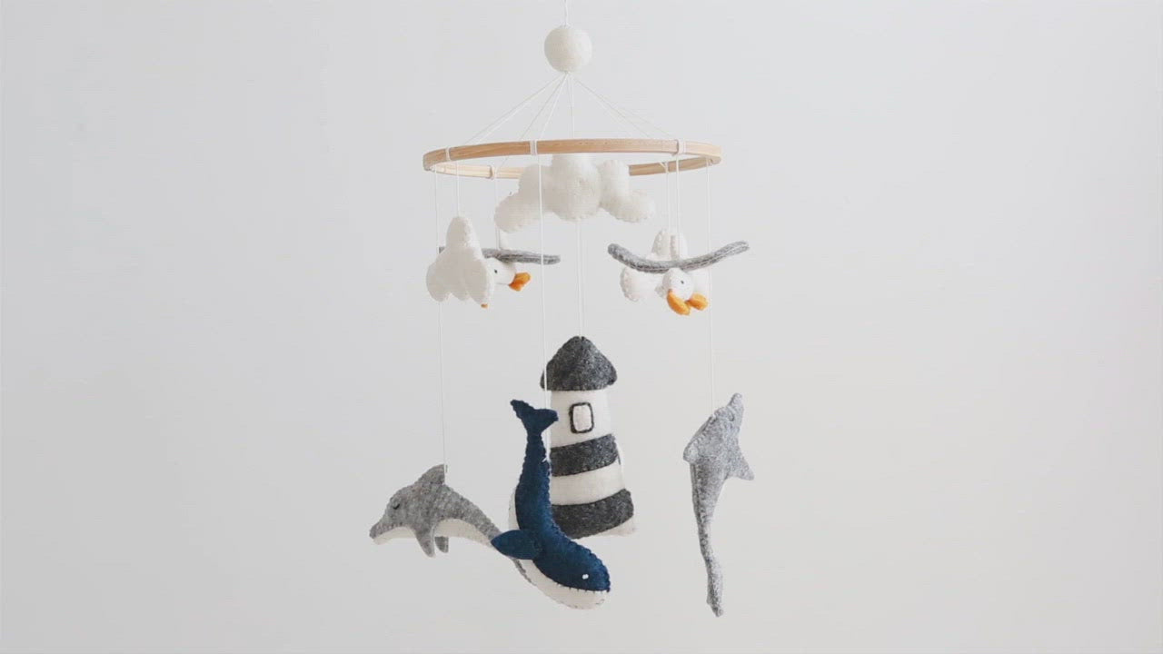 Lighthouse Crib Mobile with Whales – Handmade Nautical Nursery