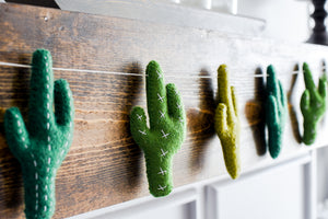 Felt Cactus, Wood mantel, felt embroidery , Nivas Collection